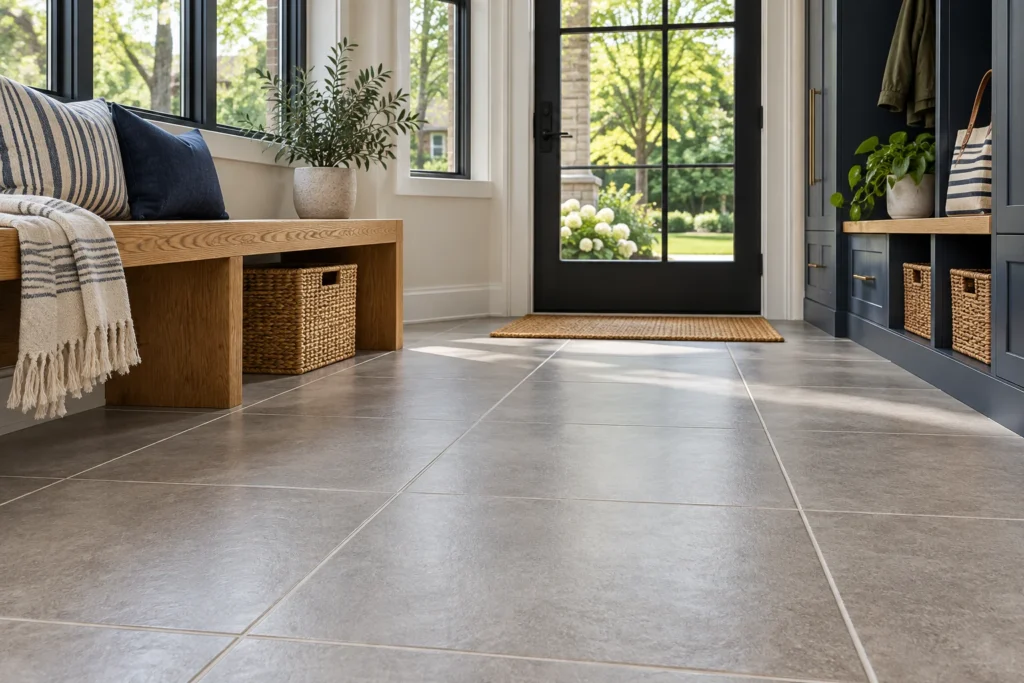 Ceramic tile and grout in a bright mudroom — Ann Arbor tile cleaning illustration