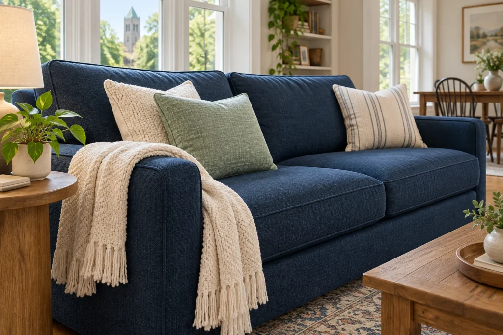 Navy sofa in a sunlit living room — Ann Arbor upholstery cleaning illustration